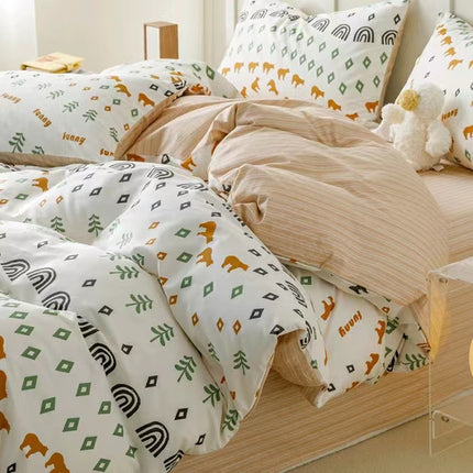 Cotton Reversible  Prints Bedding Duvet Cover-Queen Comforter Cover Bedding Sets-1Duvet Cover+1 Fitted Sheet With 2 Pillowcase