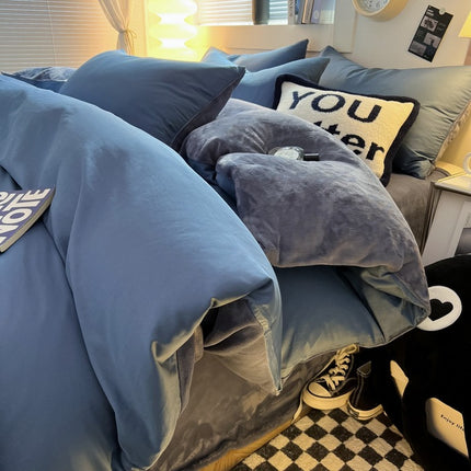 Ensemble de housse de couette en peluche de lait doux Queen Size, housse de couette double face épaisse avec 2 taies d'oreiller + 1 drap-housse, housse de couette double d'hiver avec fermeture éclair