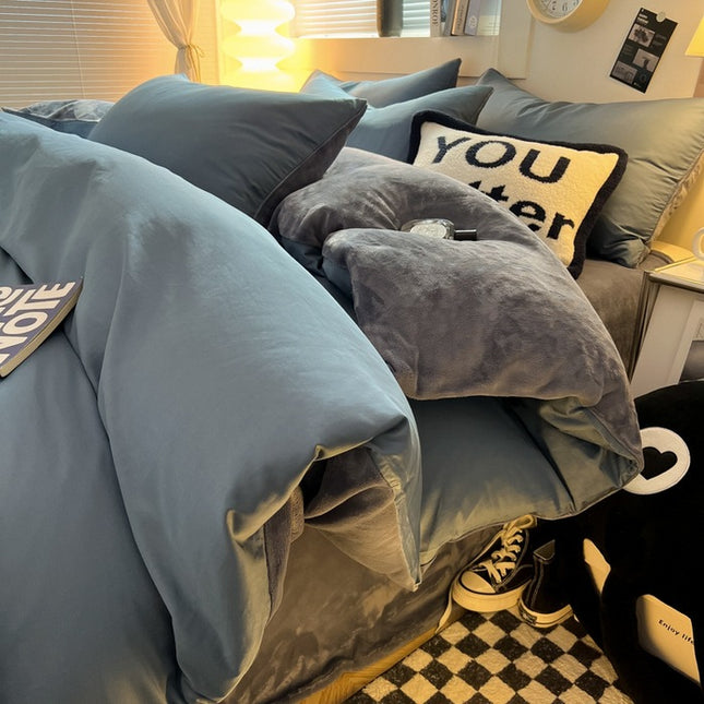 Soft Milk Fluff Duvet Cover Set Queen Size,Thicken Double Sided Comforter Cover With 2 Pillowcase+1Fitted Sheet Winter Twin Quilt Cover With Zipper
