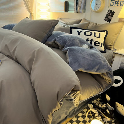 Ensemble de housse de couette en peluche de lait doux Queen Size, housse de couette double face épaisse avec 2 taies d'oreiller + 1 drap-housse, housse de couette double d'hiver avec fermeture éclair