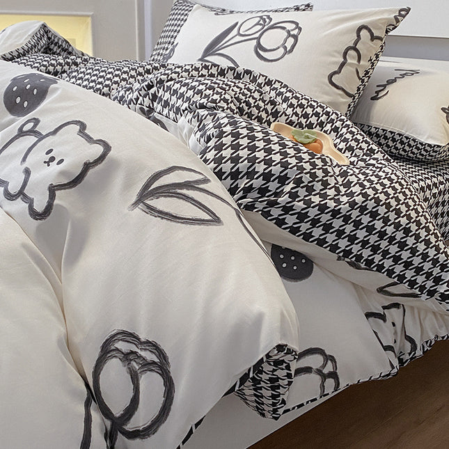 Cotton Floral Bedding Duvet Flower Comforter Cover Floral Bedding Sets-1Duvet Cover+1 Fitted Sheet With 2 Pillowcase