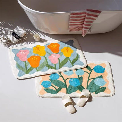Faux Cashmere Bathroom Rugs Anti-slip Colorful Botanical Print Bath Mats Soft Machine Washable Bath Mat Bathroom Tub Shower Mat