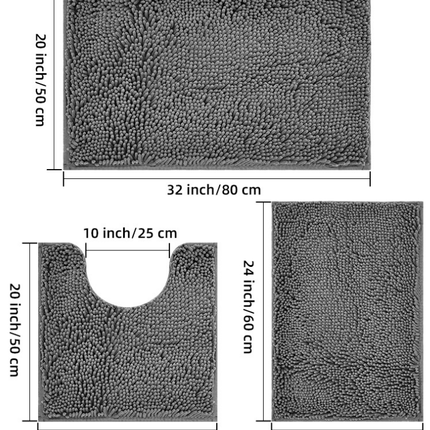 Bathroom Rug Set Non-Slip 3 Piece Bath Mat Set Soft Chenille Bathroom Mats Set Absorbent Bath Rugs Floor Mats Toilet Rugs