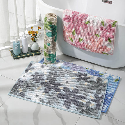 Chenille Bath Rugs Flower Pattern Bathroom Floor Mats, Machine Washable Non-Slip Bath Mat, Super Absorbent and Stain Resistant Floor Mats