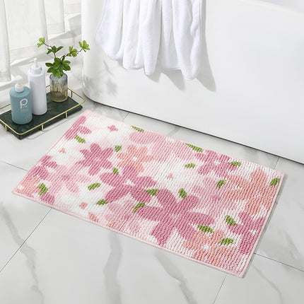 Chenille Bath Rugs Flower Pattern Bathroom Floor Mats, Machine Washable Non-Slip Bath Mat, Super Absorbent and Stain Resistant Floor Mats
