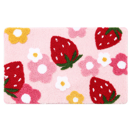 Strawberry Pattern Velvet Rug Bath Mat Non-Slip Doormat Absorbent Bathtub Shower Mat for Bedroom Bathroom Home Decor