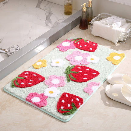 Strawberry Pattern Velvet Rug Bath Mat Non-Slip Doormat Absorbent Bathtub Shower Mat for Bedroom Bathroom Home Decor