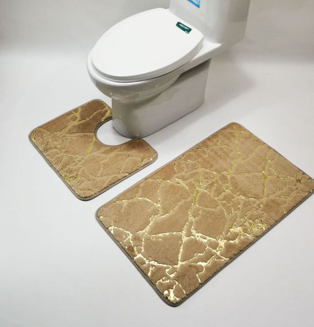 Bathroom Rug and Mat Set of 2 Foil Printed Floor Mats Washable and Non-Slip U-Shape Contour Mats for Bathroom
