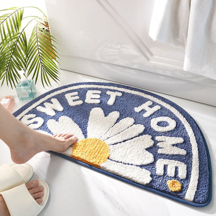 Tapis de salle de bain en forme de marguerite, doux, moelleux, absorbant, antidérapant, joli tapis à fleurs de marguerite, tapis de salle de bain, décoration d'intérieur, demi-rond