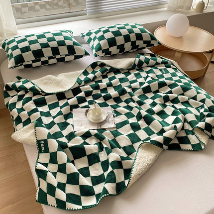 Lammwoll-Lounge-Decke, Schachbrett-Karo-Plüschdecke, warme Nerz-Kuscheldecke, weiche, verdickte warme Plüschdecke für Bett, Sofa und Zweisitzer