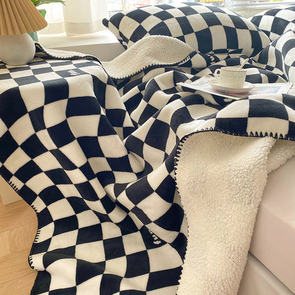 Lammwoll-Lounge-Decke, Schachbrett-Karo-Plüschdecke, warme Nerz-Kuscheldecke, weiche, verdickte warme Plüschdecke für Bett, Sofa und Zweisitzer