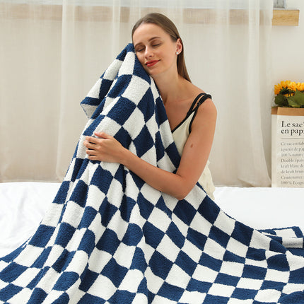 Facecloth Blanket, Half Fleece Checkerboard Blanket Knitted Jacquard Black and White Checkerboard Blanket, Plush Soft Blanket, Plush Fleece Blanket, Sofa Blanket