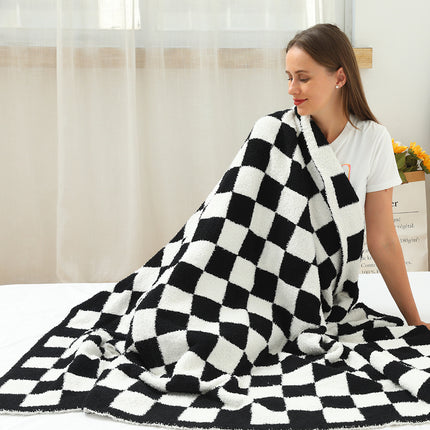 Facecloth Blanket, Half Fleece Checkerboard Blanket Knitted Jacquard Black and White Checkerboard Blanket, Plush Soft Blanket, Plush Fleece Blanket, Sofa Blanket