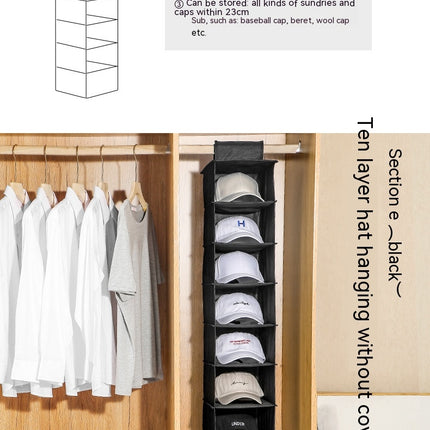 Hat Rack with Dust Shield and Side Pockets, 10 Shelf Hanging Closet Hat Shelf