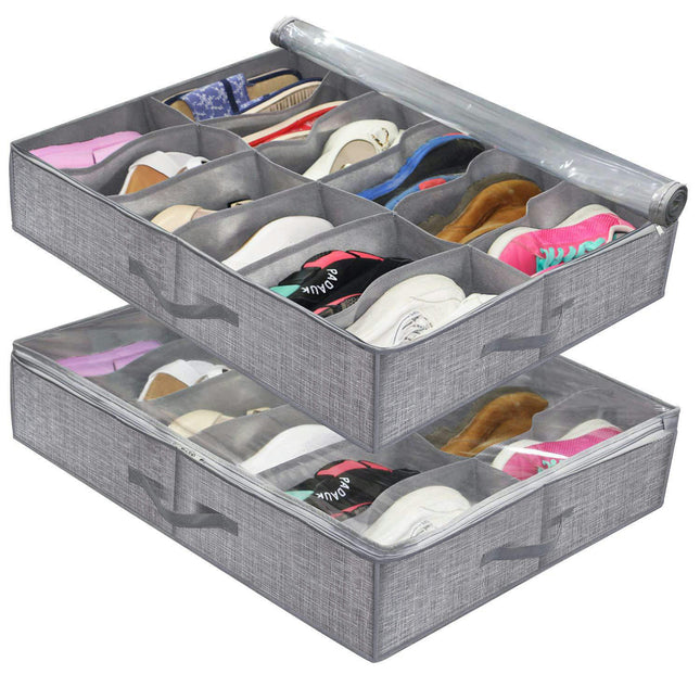 Foldable Under Bed Shoe Storage Organizer with Sturdy Handles and Clear Window