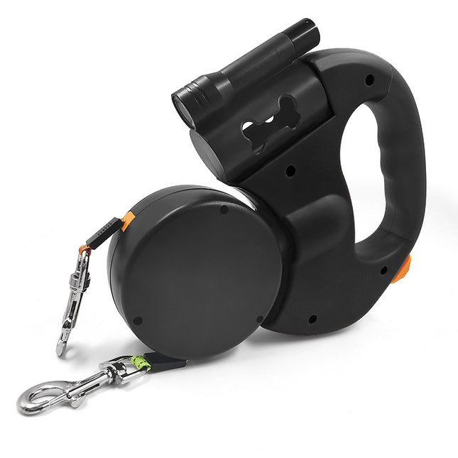 Dual Headed Pet Leashes with Flashlight Garbage Bag Box Automatic Retractable Dogs Traction Rope