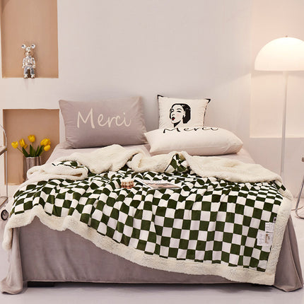 Couverture en laine d'agneau, couverture polaire en peluche, couverture moelleuse à carreaux en damier, couverture douce de couleur unie pour canapé-lit, couverture chaude et confortable