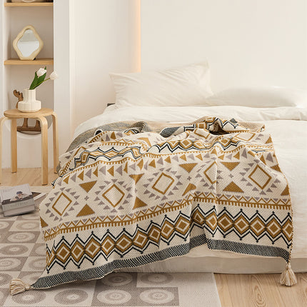 Knitted Blanket Vintage Tassel Boho Ethnic Style Geometric Pattern Knitted Blanket, Throw Blanket Sofa Couch Bed Shawl Blanket