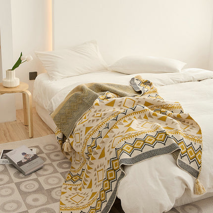 Knitted Blanket Vintage Tassel Boho Ethnic Style Geometric Pattern Knitted Blanket, Throw Blanket Sofa Couch Bed Shawl Blanket