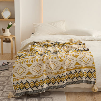 Knitted Blanket Vintage Tassel Boho Ethnic Style Geometric Pattern Knitted Blanket, Throw Blanket Sofa Couch Bed Shawl Blanket